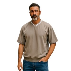 𝅺glen Echo Tan Pullover Lined V-Neck Short Sleeve Golf Windbreaker Size XL